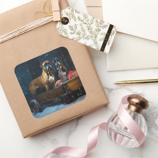 Boxer Sneeuw Slede Kerst Decor Vierkante Sticker (Geschenken)