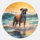 Boxer strand surfen schilderij ronde sticker (Voorkant)