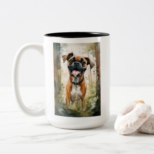 Boxer Terrier Waterverf Whimsical Tweekleurige Koffiemok (Met donut)