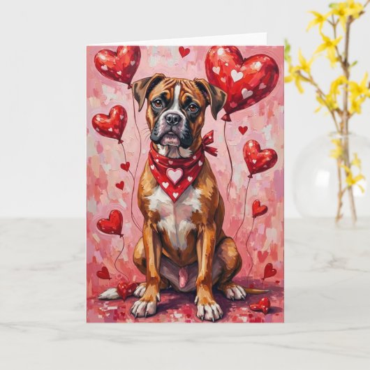 Boxer Valentine’s Day Dog with Hearts Red Kaart (Gele Bloem)