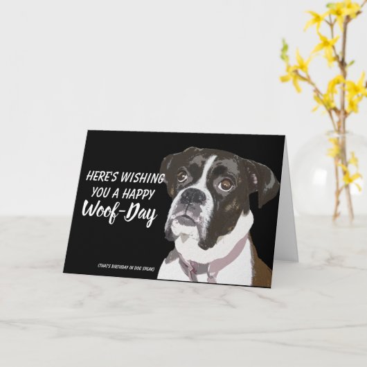 Boxer Verjaardagskaarten Honden - Happy Wood-Day Kaart (Gele Bloem)