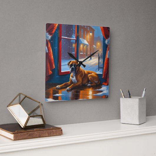 Boxer with Christmas Lights Holiday Vierkante Klok (Kantoor)