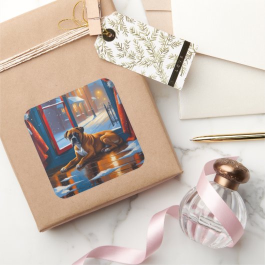 Boxer with Christmas Lights Holiday Vierkante Sticker (Geschenken)