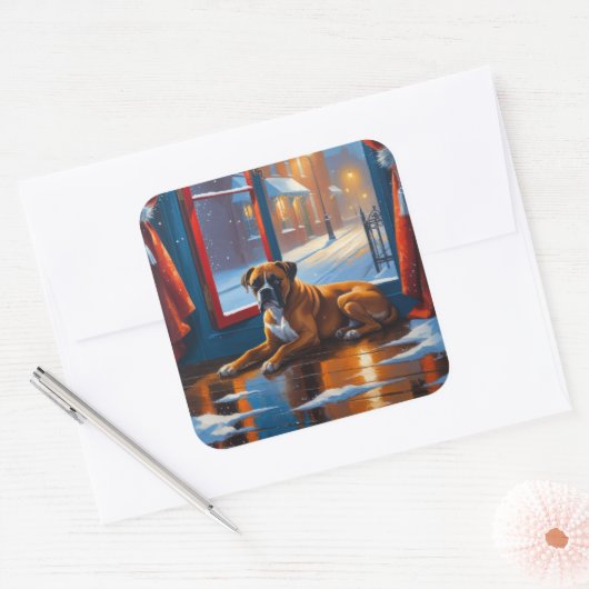 Boxer with Christmas Lights Holiday Vierkante Sticker (Envelop)