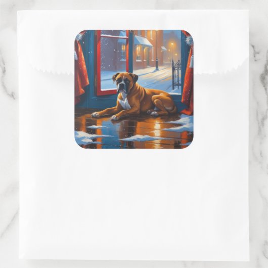 Boxer with Christmas Lights Holiday Vierkante Sticker (Tas)