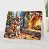 Boxer zittend bij open haard met kerstverlichting kaart (Voorkant)