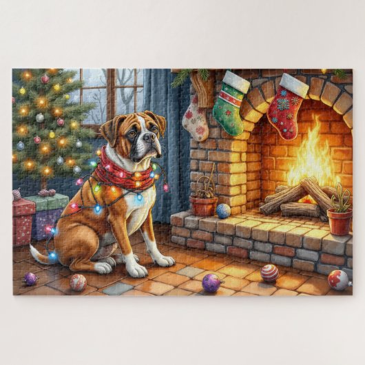 Boxer zittend bij open haard met kerstverlichting legpuzzel (Horizontaal)