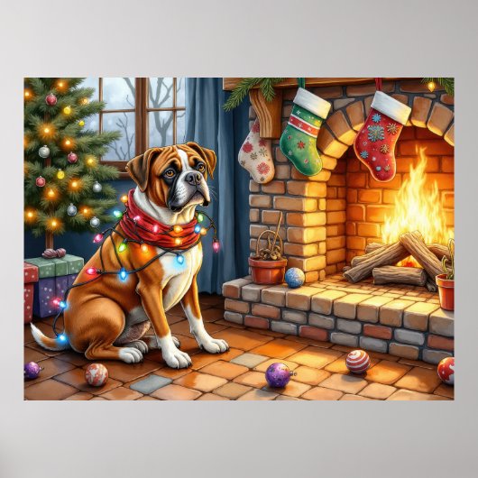 Boxer zittend bij open haard met kerstverlichting poster (Voorkant)
