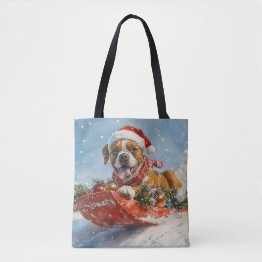 Boxerhond in slee Let it Snow Kerstmis Tote Bag (Voorkant)