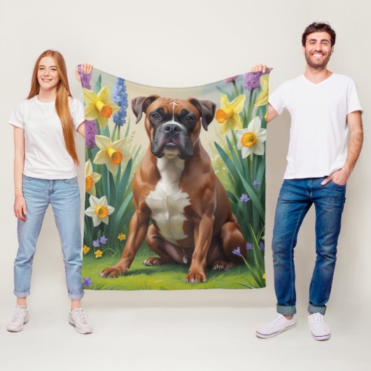 Boxerhond Lente Bloemen Schilderij Fleece Deken (In situ)
