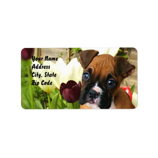 Boxerpuppy in tulpen adresetiketten etiket (Voorkant)