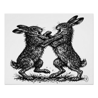 Boxing Hares – Haunted Ink Woodland Duel Perfect Poster