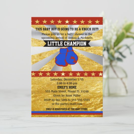 Boxing Sports Baby Boy Shower Uitnodiging Gold (Staand voorkant)