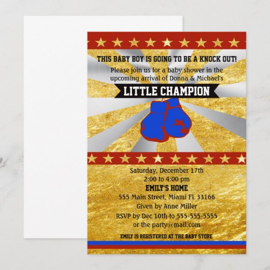Boxing Sports Baby Boy Shower Uitnodiging Gold (Voorkant / Achterkant)