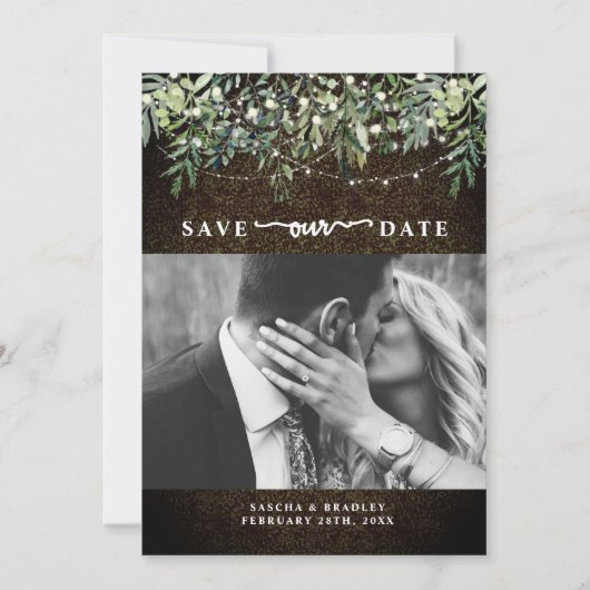 Boxwood Botanical String Lights Foto Weddenschap Save The Date (Voorkant)