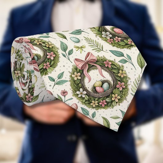 Boxwood Easter Wreath Pink Bow with Egg Stropdas