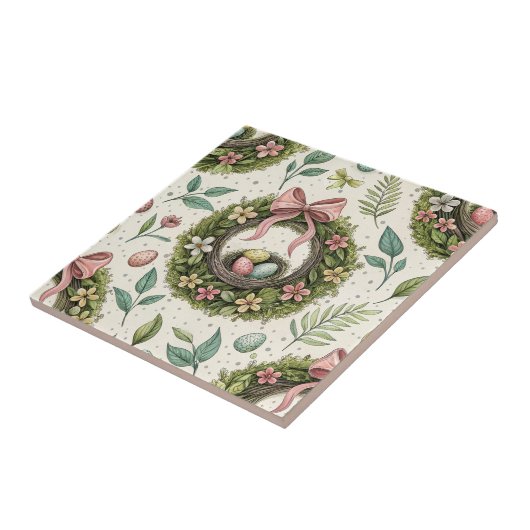 Boxwood Easter Wreath Pink Bow with Egg Tegeltje (Zijkant)