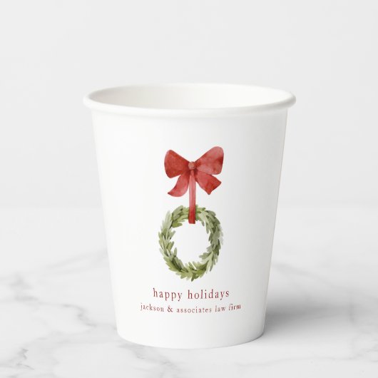 Boxwood Greenery Christmas Wreath Red Bow Papieren Bekers (Achterkant)
