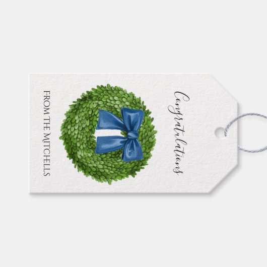 Boxwood Groene Krans met Blauwe Bow Cadeaulabel (Voorkant (Horizontaal))