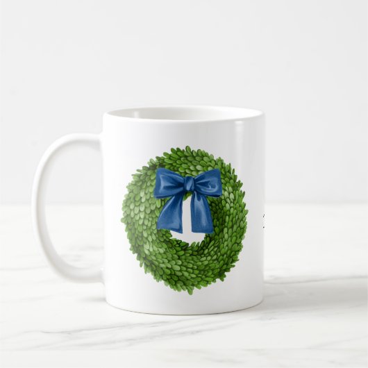 Boxwood Krans met Blue Bow Ceramic Koffiemok (Links)