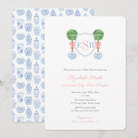 Boxwood Monogram Ginger Jar Girl Baby shower Party Kaart (Voorkant / Achterkant)