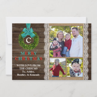 Boxwood Wreate kerstkaart met 3 familiefoto's