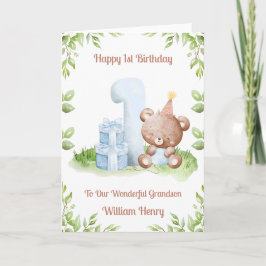 Boy 1st Birthday Greenery Teddy Bear Card Kaart