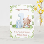 Boy 1st Birthday Greenery Teddy Bear Card Kaart (Gele Bloem)