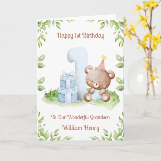 Boy 1st Birthday Greenery Teddy Bear Card Kaart (Gele Bloem)
