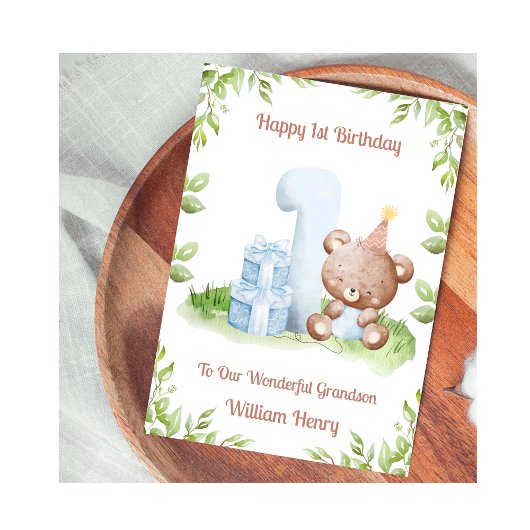 Boy 1st Birthday Greenery Teddy Bear Card Kaart