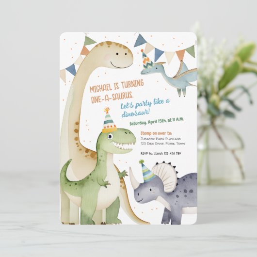 Boy 1st Dinomite Party Schattige One-A-Saurus Kaart (Staand voorkant)