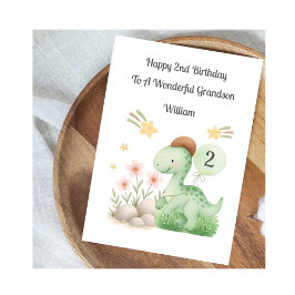 Boy 2nd Birthday Green Orange Dinosaur Card Kaart