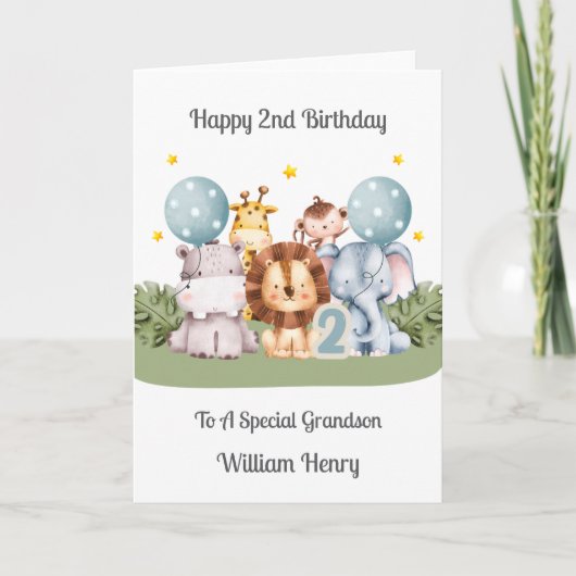 Boy 2nd Birthday Safari Leaf Animals Card Kaart (Voorkant)