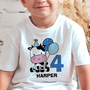 Boy 4th Birthday Koe Blue Balloons Gepersonaliseer T-shirt