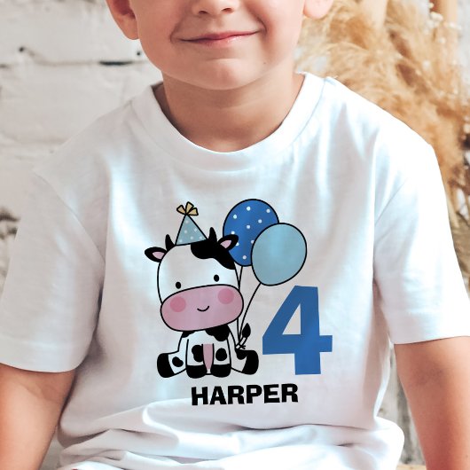 Boy 4th Birthday Koe Blue Balloons Gepersonaliseer T-shirt