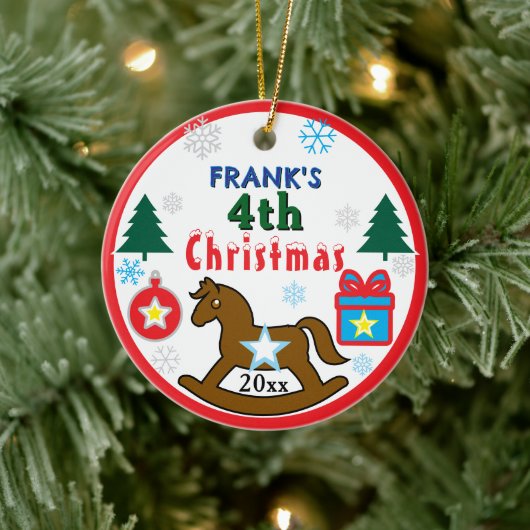 Boy 4th Christmas Rocking Horse INSERT PHOTO Keramisch Ornament (Boom)