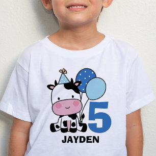 Boy 5th Birthday Koe Blue Balloons Gepersonaliseer T-shirt