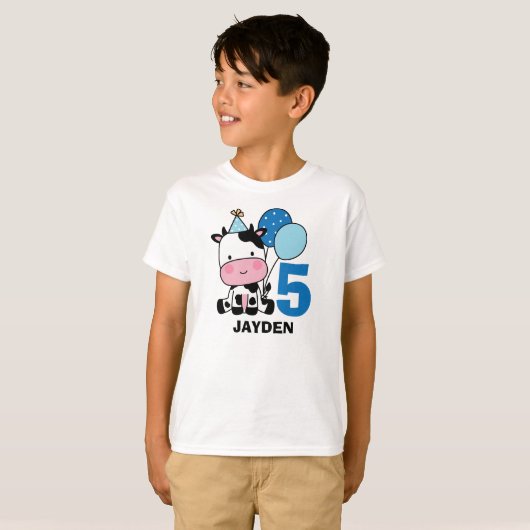 Boy 5th Birthday Koe Blue Balloons Gepersonaliseer T-shirt (Voorkant volledig)