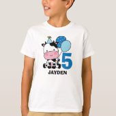 Boy 5th Birthday Koe Blue Balloons Gepersonaliseer T-shirt (Voorkant)