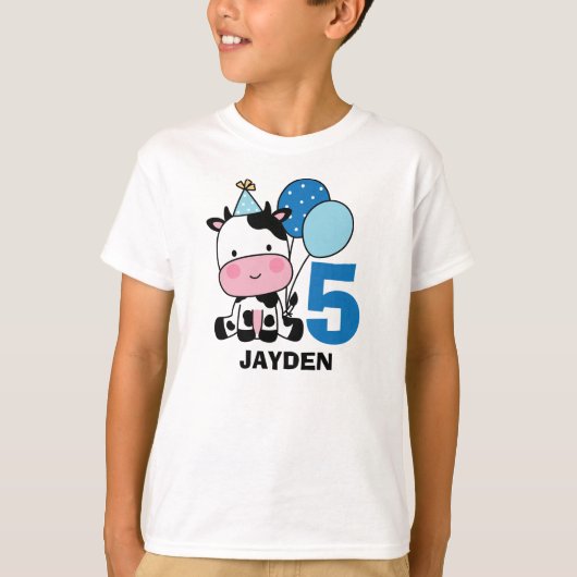 Boy 5th Birthday Koe Blue Balloons Gepersonaliseer T-shirt (Voorkant)