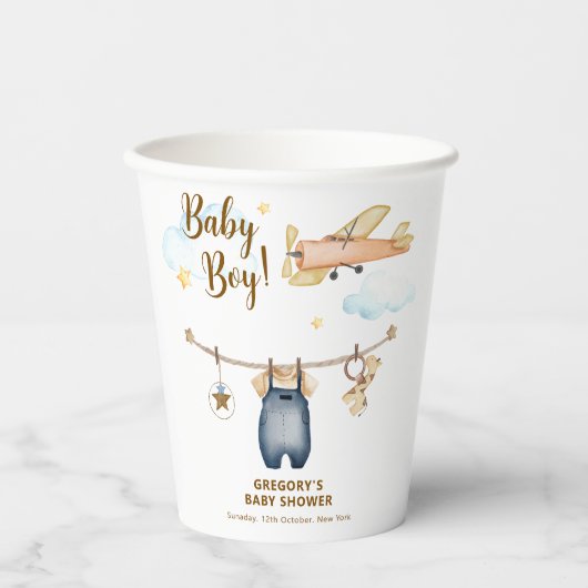 Boy Adventure Clothesline Airplane Sky Baby Shower Papieren Bekers (Voorkant)