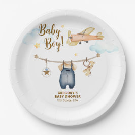 Boy Adventure Clothesline Airplane Sky Baby Shower Papieren Bordje