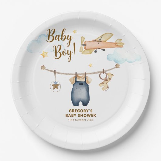 Boy Adventure Clothesline Airplane Sky Baby Shower Papieren Bordje (Voorkant)