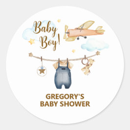 Boy Adventure Clothesline Airplane Sky Baby Shower Ronde Sticker