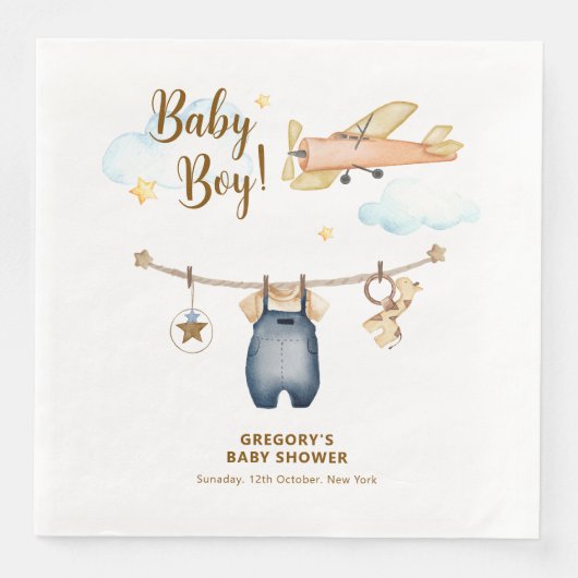 Boy Adventure Clothesline Airplane Sky Baby Shower Servet (Voorkant)