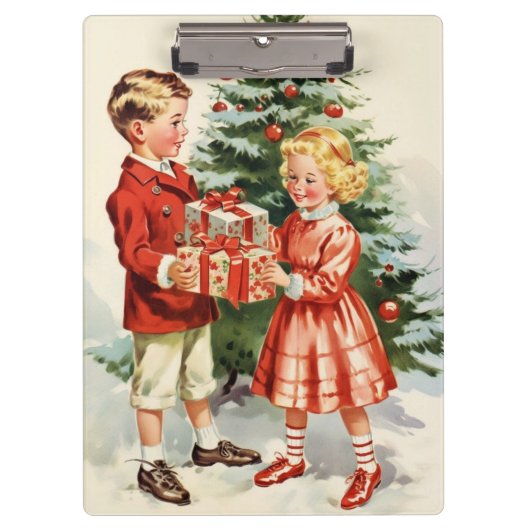Boy and girl giving each other Christmas presents Klembord (Voorkant)