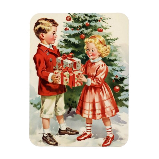 Boy and girl giving each other Christmas presents Magneet (Verticaal)