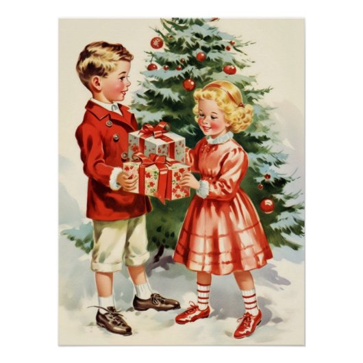 Boy and girl giving each other Christmas presents Perfect Poster (Voorkant)