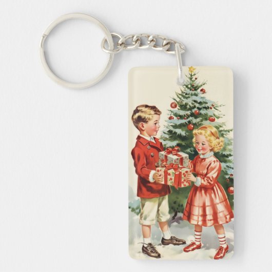 Boy and girl giving each other Christmas presents Sleutelhanger (Voorkant)
