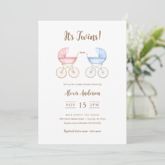 Boy and Girl Twins Carriages Baby Shower Kaart (Staand voorkant)